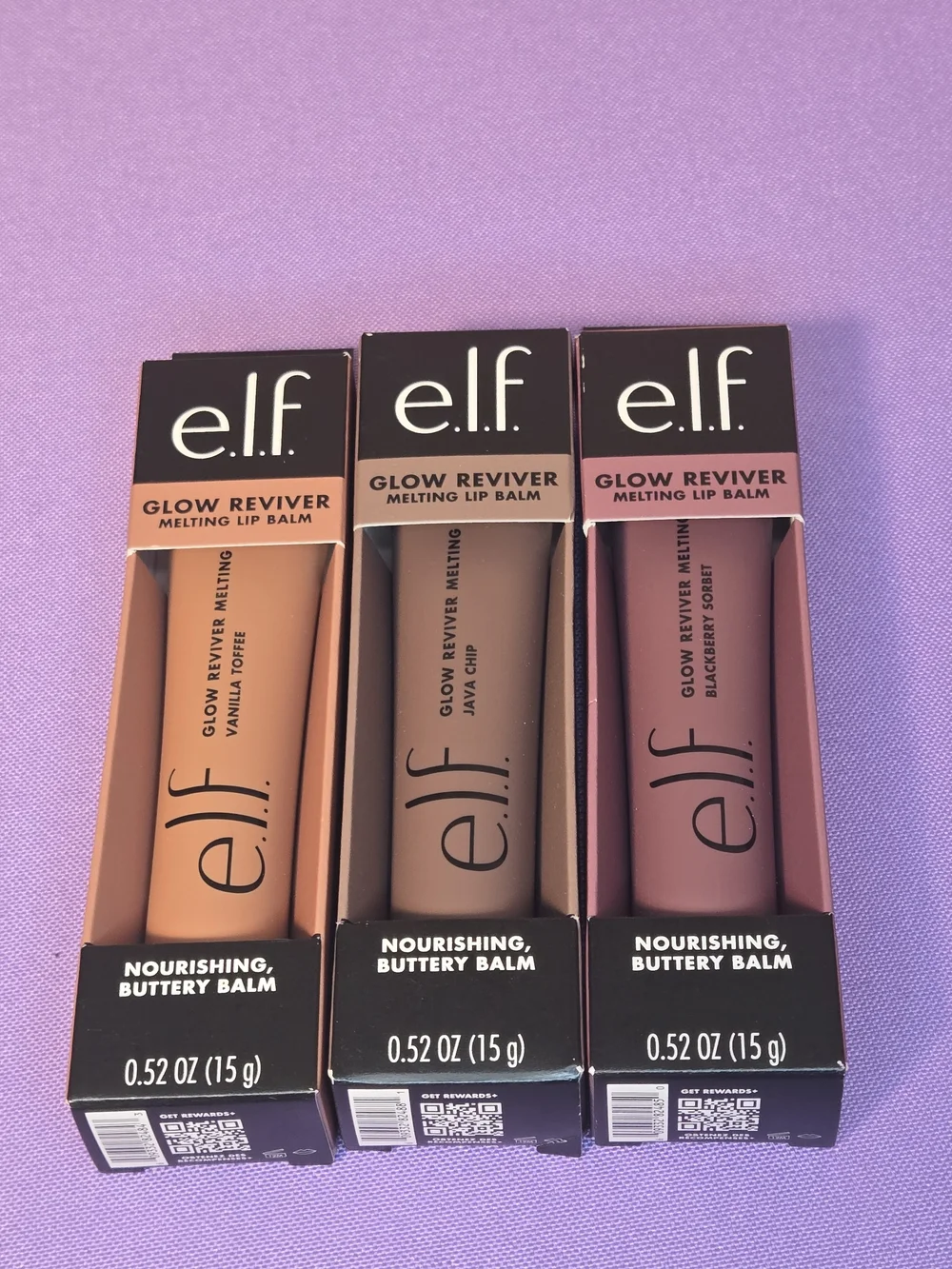 e.l.f. Glow Reviver Melting Lip Balm Set of 3 Vanilla Toffee Java Chip Blackberr